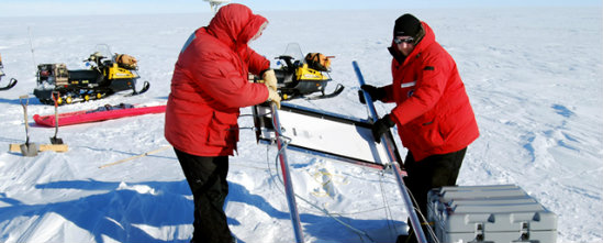 Slawek Tulaczyk and British colleague John Woodward set up a GPS station on the Whillans Ice Stream to help study subglacial lakes that regularly drain and fill, a process that appears to speed ice flow.